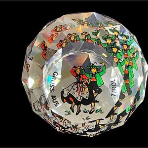 Faceted Crystal Ball Paperweight Traditional Dancing Figures "Gruss Aus Tirol"‎